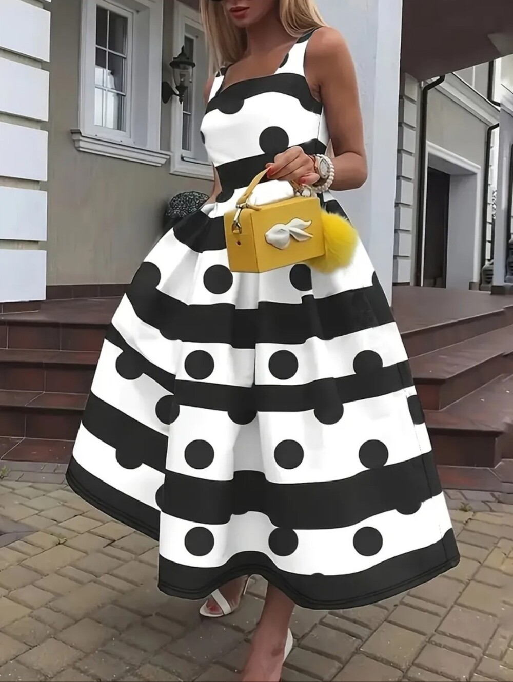 Black & White Polka Dot Striped Midi Dress